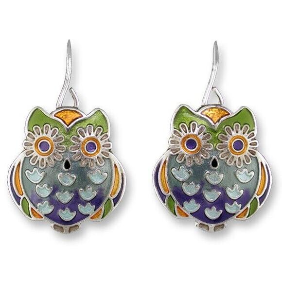 Zarah Wide-Eyed Owl Dangle Earrings Sterling Silver Plated Enamel Bird - Picture 1 of 4